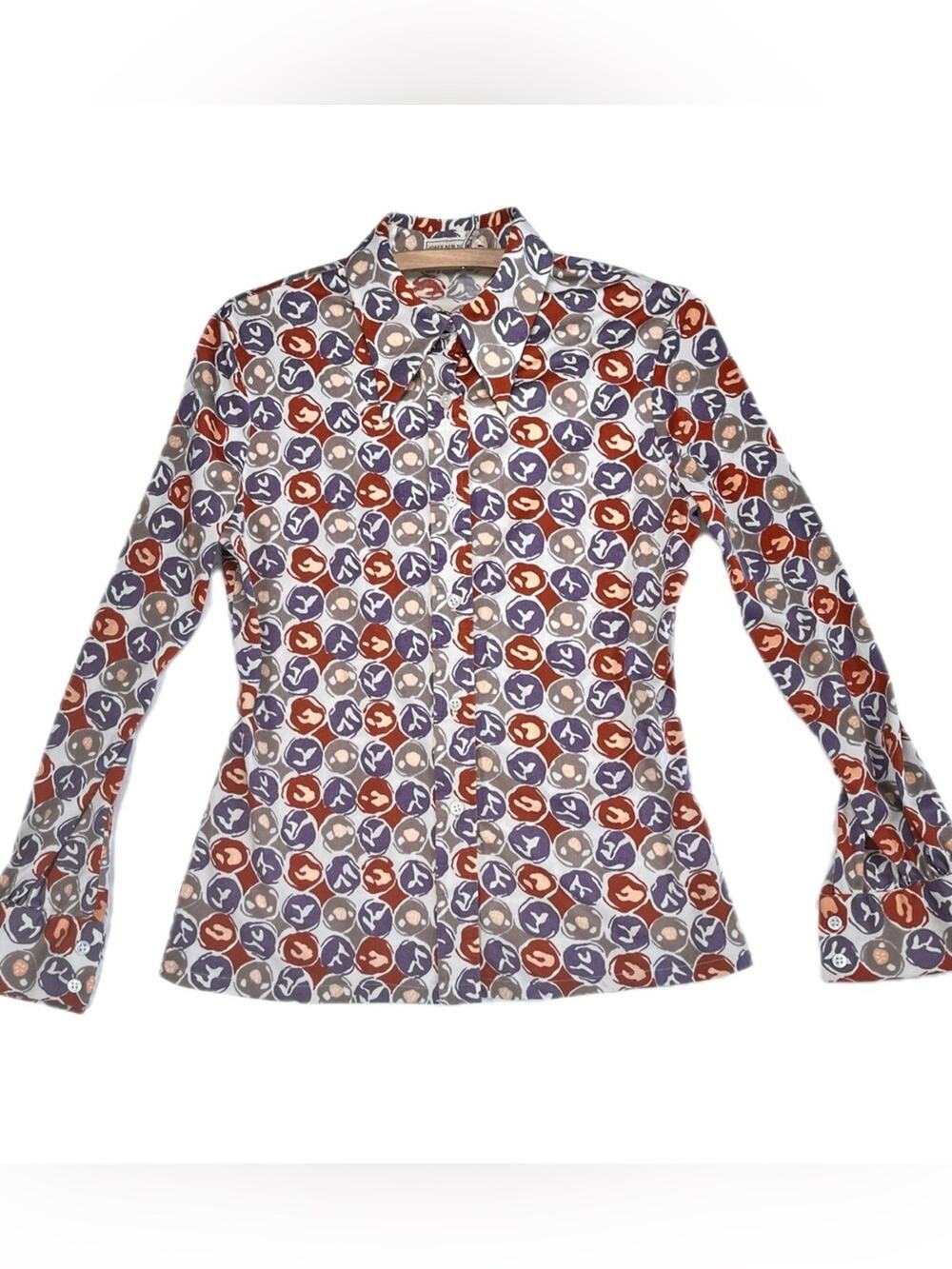 Vintage 1970's Printed Blouse Dagger Dart Collar Button Up Disco Top Earth Tone